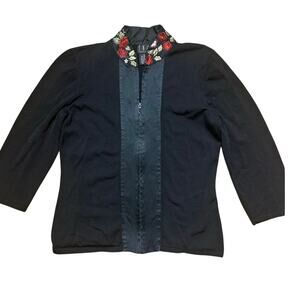 INC Black Medium Mock Neck Embroidered Floral Artist Asian Zip Cardigan Sweater
